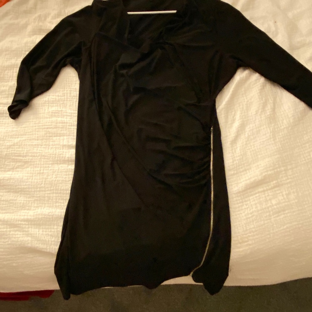 Black faux wrap dress with zipper